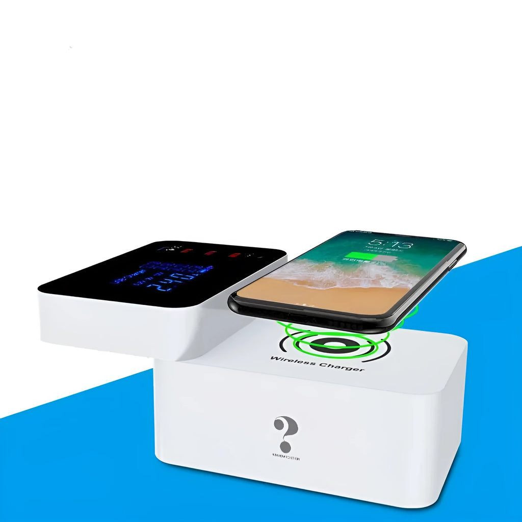 White multi-port USB fast charger with four USB-A ports, 1.5m cable, and international plug adapters.