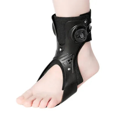 Grey ankle support brace with airbag button fastener shown on a left foot