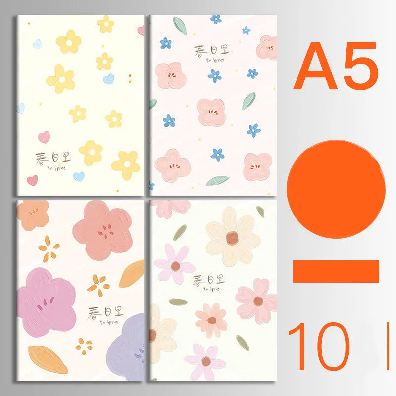 Set of 10 kraft paper notebooks with various hand-painted covers, shown open to display thread binding.