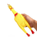 Yellow rubber screaming chicken dog squeak toy shown in three different sizes for small, medium, and large dogs