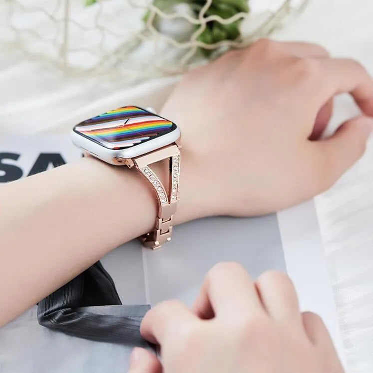 Metal diamond stainless steel watch strap for Apple Watch in silver, black, golden, or rose gold – fits 38/40/41mm and 42/44/45mm models