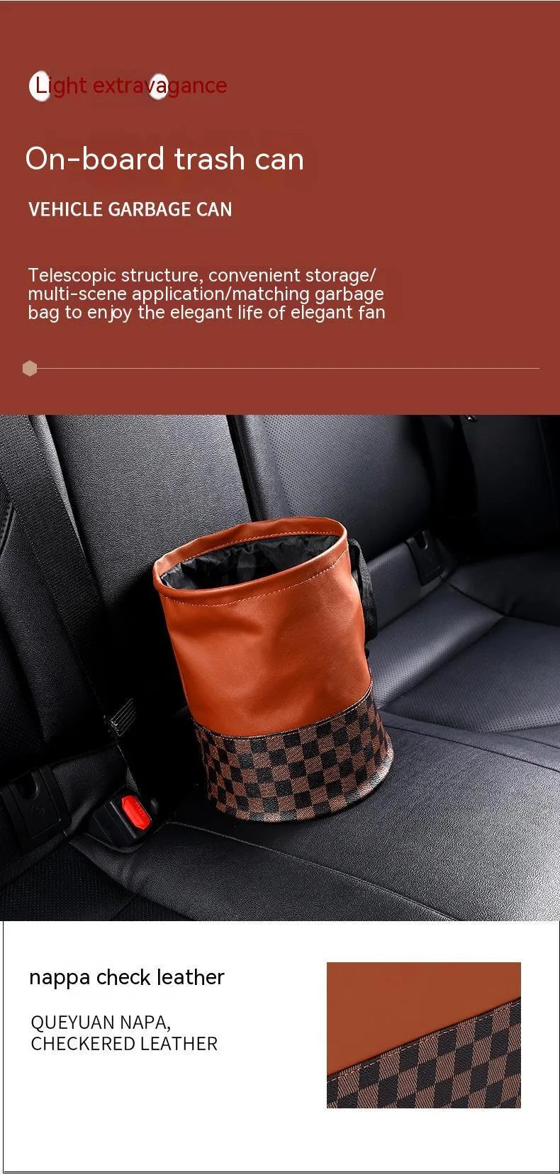 Leather retractable car trash can with handle for vehicle interior
