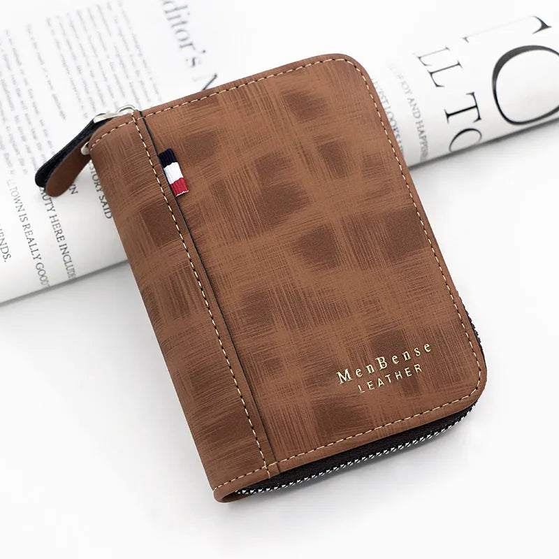Business retro men's short wallet clutch in black polyurethane leather with letter print and multiple card pockets