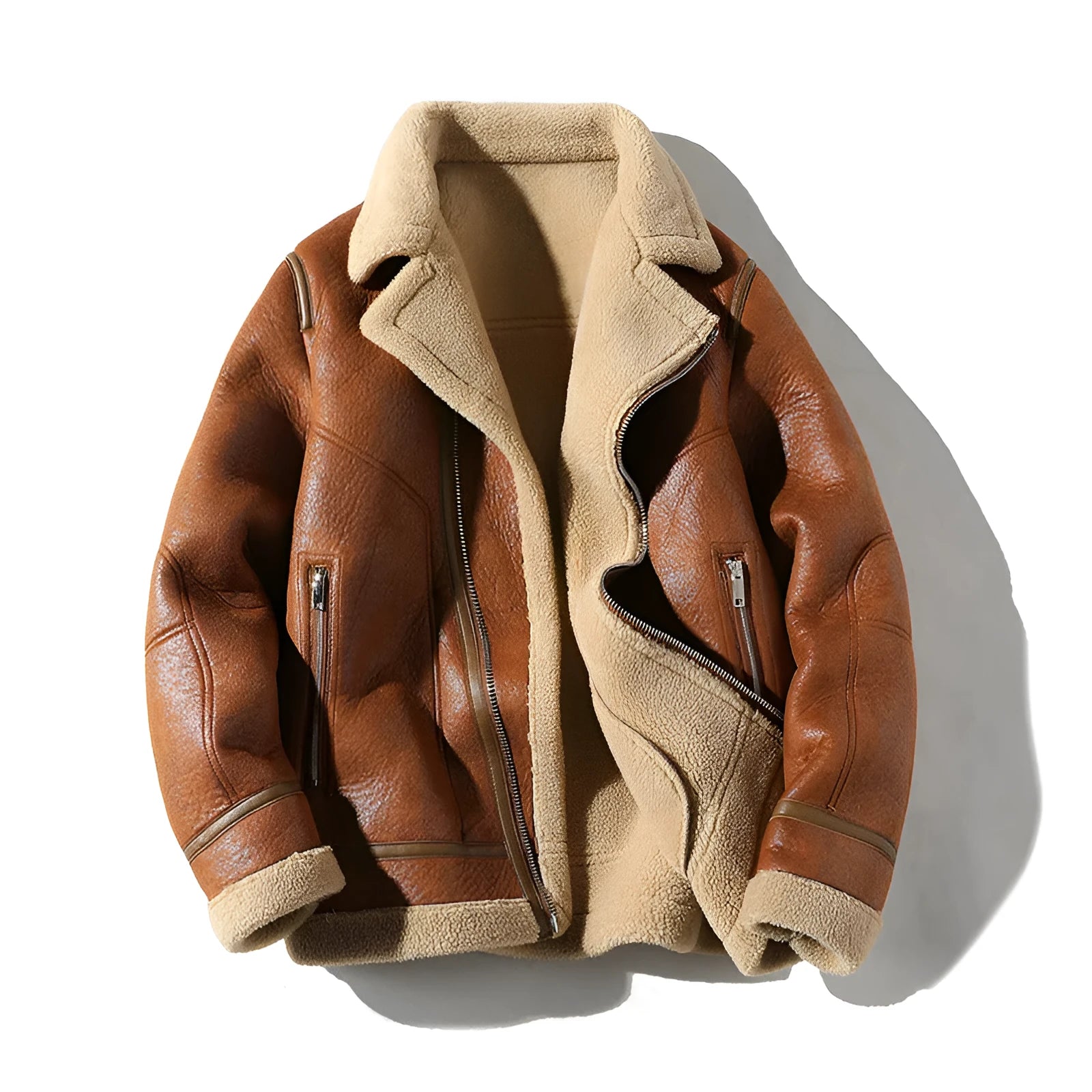 Fleece-lined plus size leather coat with faux fur trim in camel colour, front view