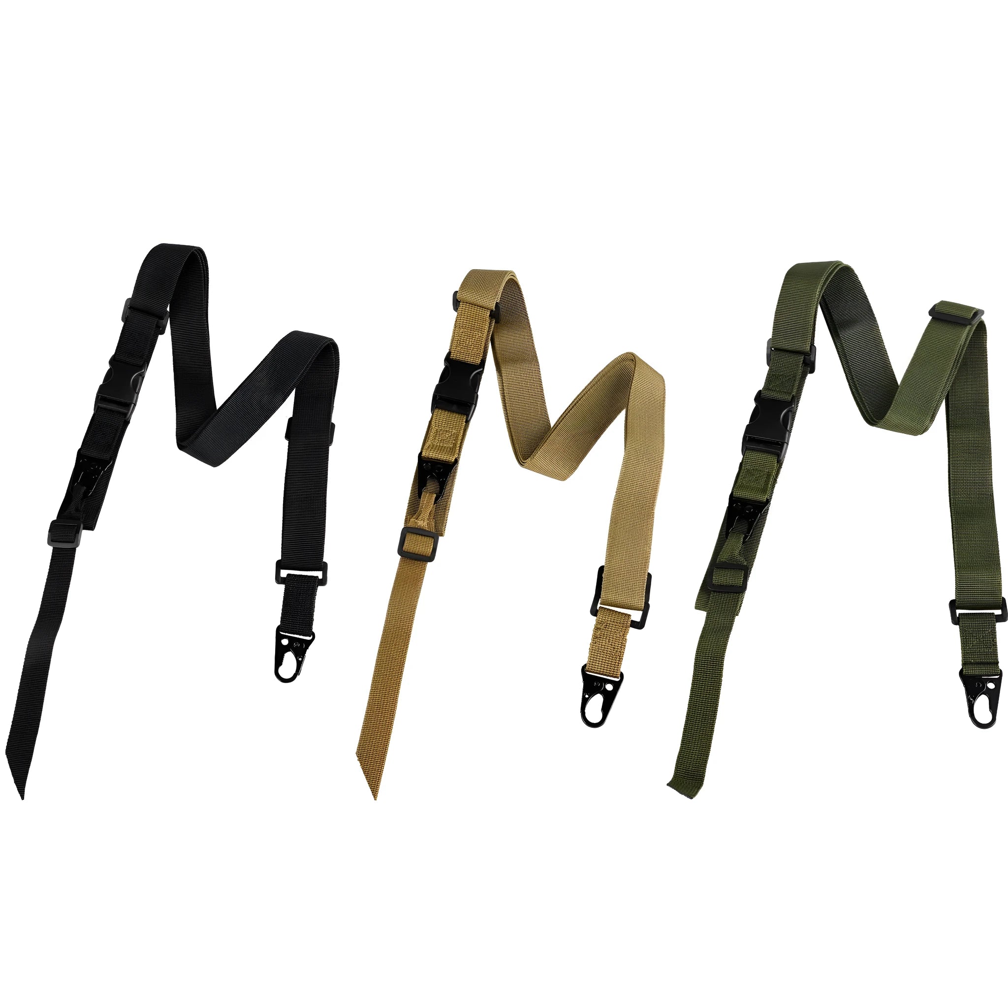 Army green nylon crossbody sling strap with alloy buckle, showing length and snap button fastener.