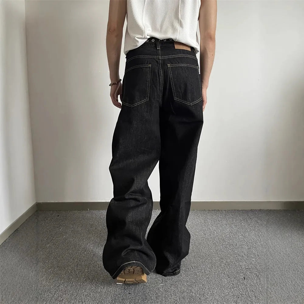 Black retro wide-leg straight jeans with mid-waist design and zip closure
