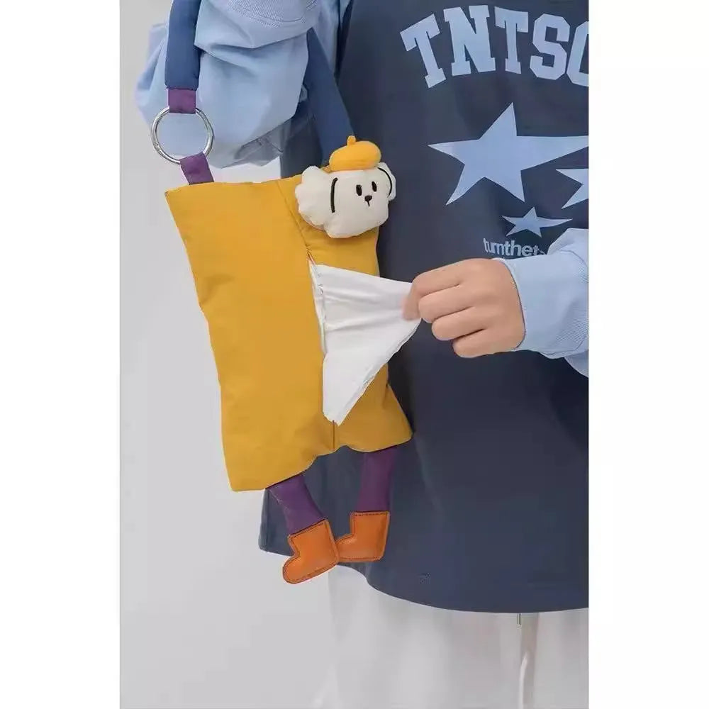 Hanging plush car tissue buggy bag in baby crocodile design showing 25x19cm dimensions