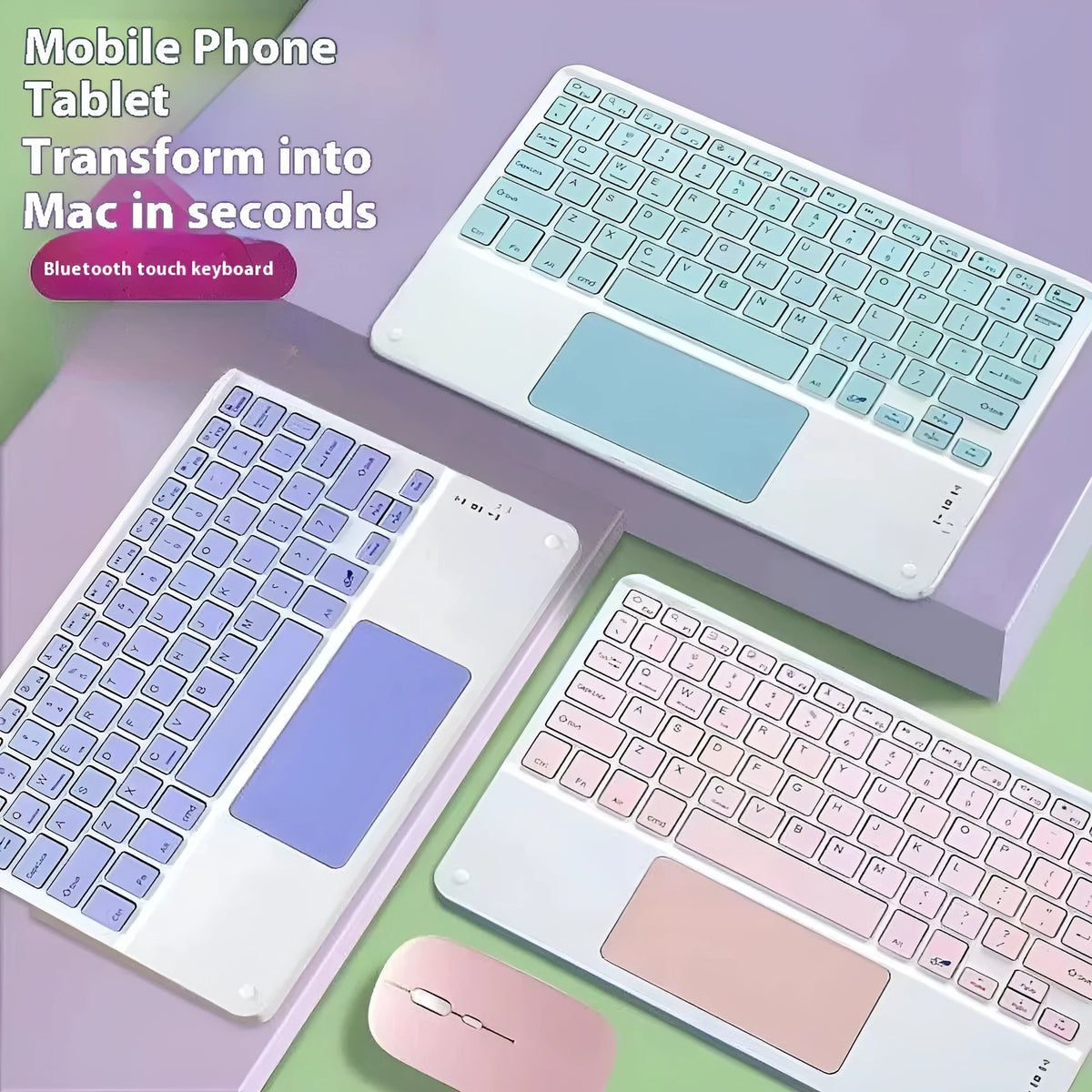 10-inch Bluetooth keyboard with touchpad, Type-C rechargeable, for mobile phone and tablet, shown in available colours
