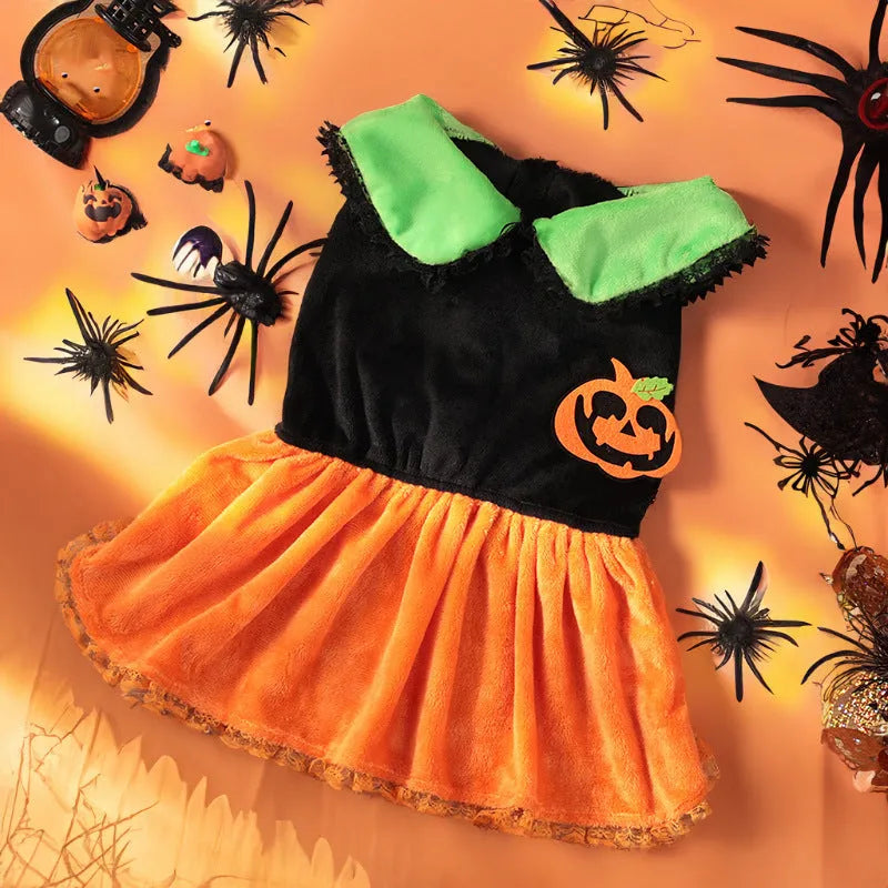 Halloween pumpkin skirt pet costume on small dog with crystal velvet material