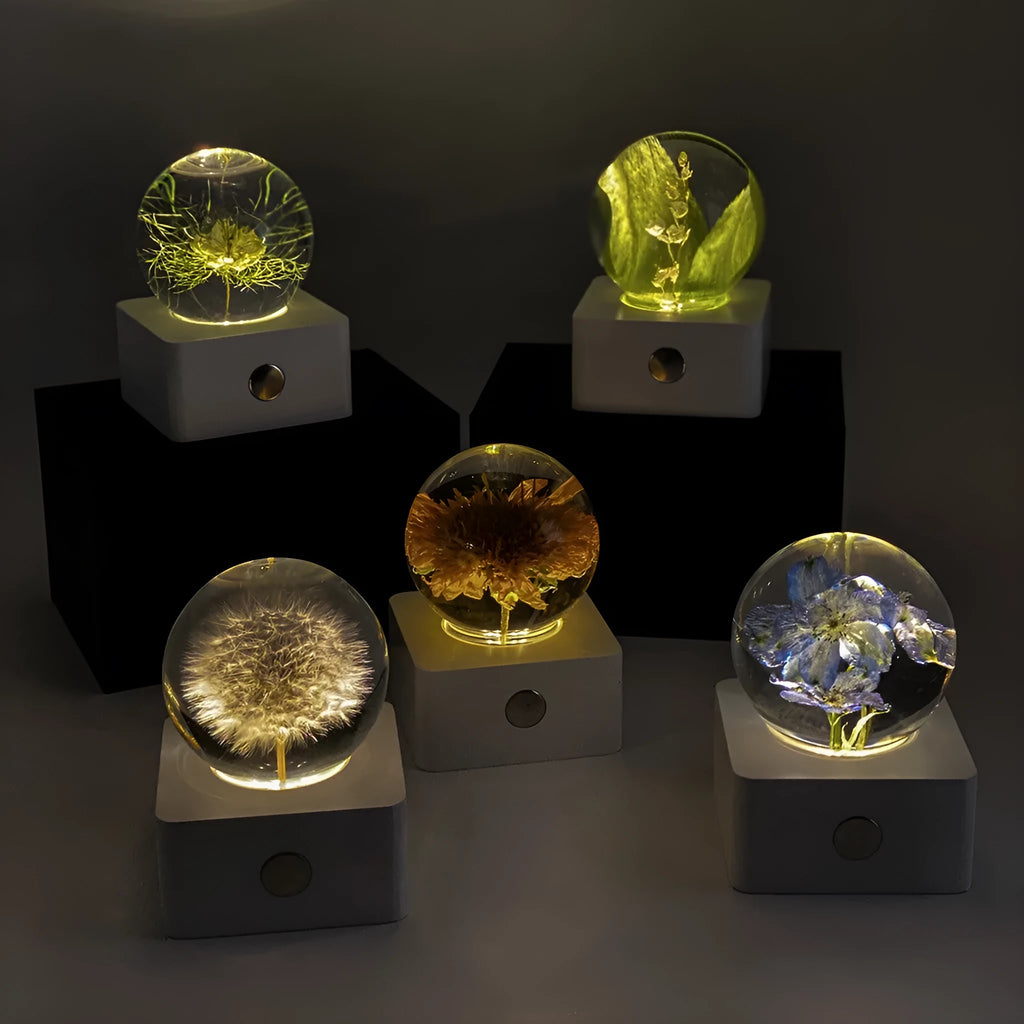 Small 8cm USB night light with a preserved dandelion and sunflower specimen inside, on a desktop.