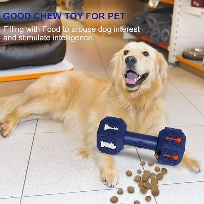 Black durable rubber dumbbell dog chew toy with textured surface and hollow ends for treats.