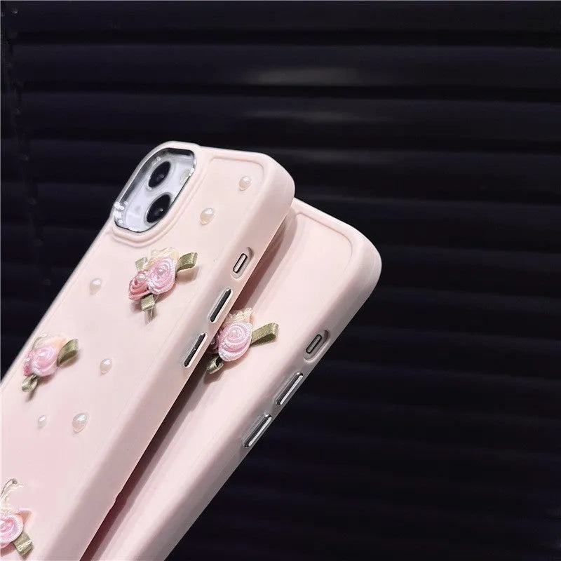 Pearl Pink silicone iPhone case with 3D pearl small flower, rhinestone, and electroplated back cover