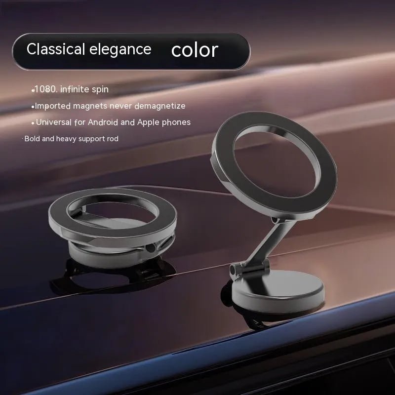 All-metal foldable magnetic car phone mount in Qian colour, shown on a dashboard.