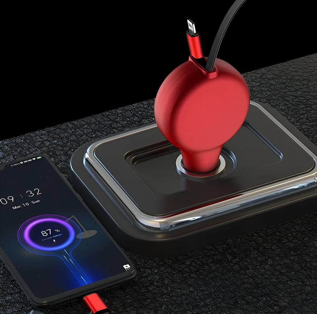 Black retractable car charger with two extended cables showing USB and Lightning connectors next to a car dashboard.