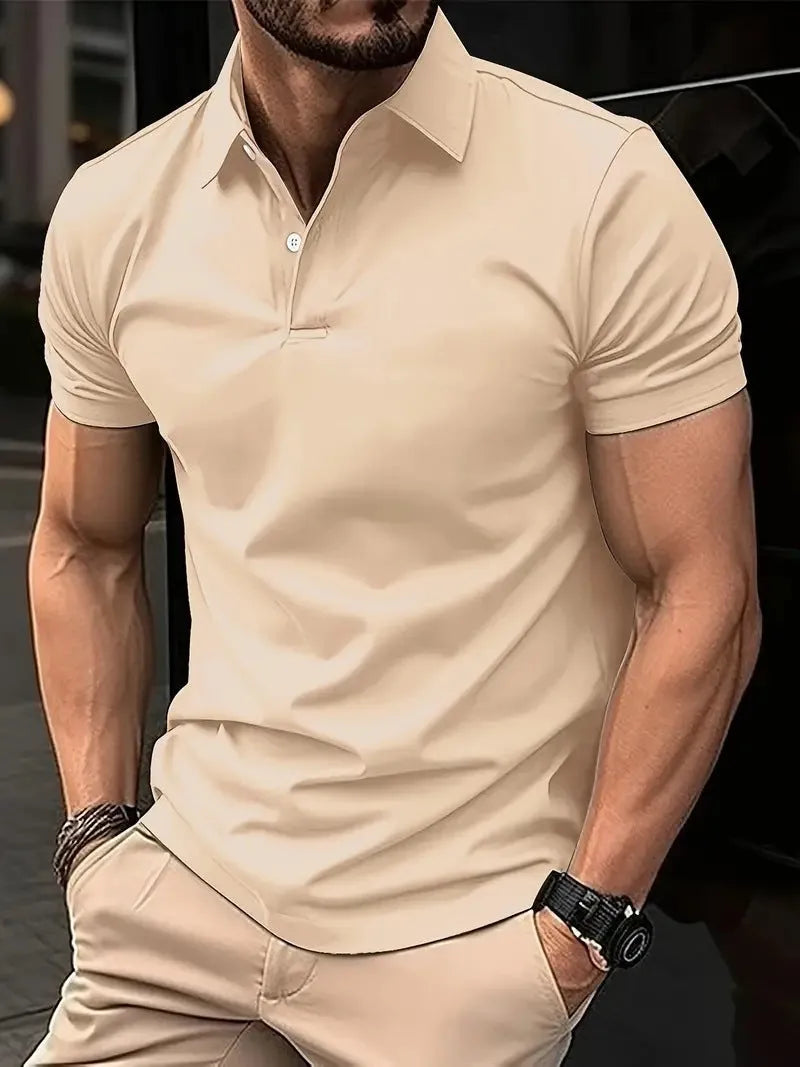 Men's slim-fit solid colour short sleeve button-up shirt on a hanger.