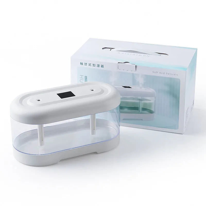 USB humidifier with 1.0-2.5L tank, two fog outlets, round 26.5 x 14.5 x 15.5cm body, White or Morandi