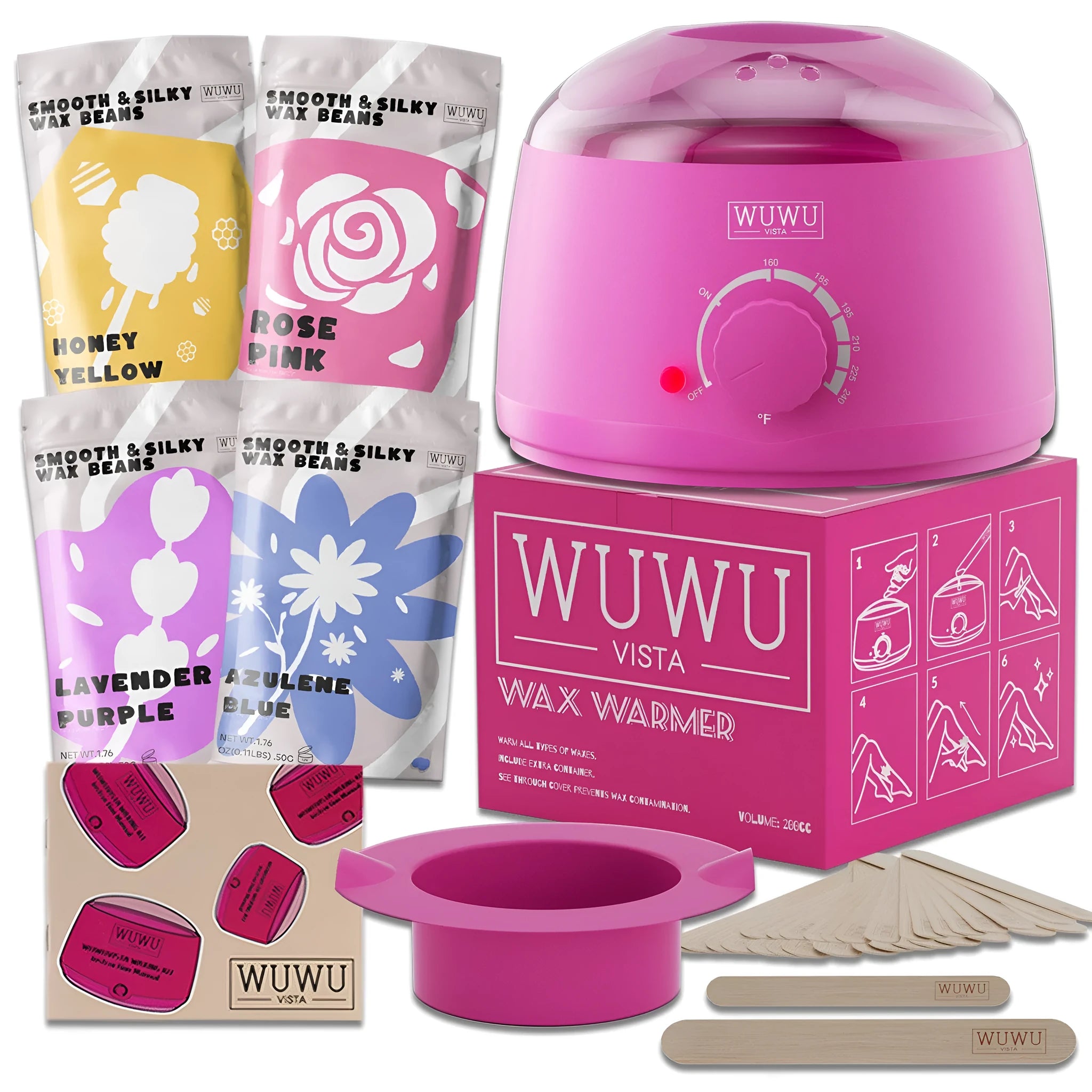 27-piece hair removal wax kit with electric warmer, four coloured wax pots, and applicator sticks.