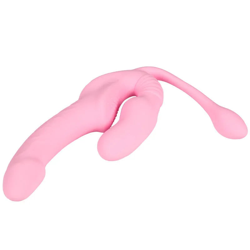 Pink double-headed dragon silicone dildo with remote control and three shock modes, wearable adult product
