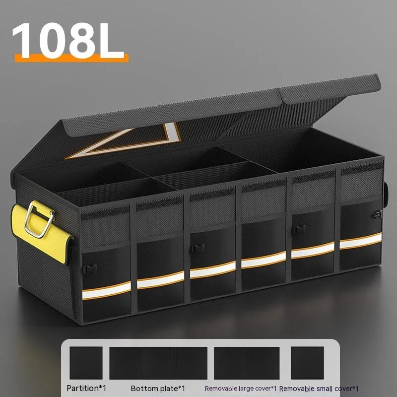 Black and yellow foldable car storage bag with handle in three size options