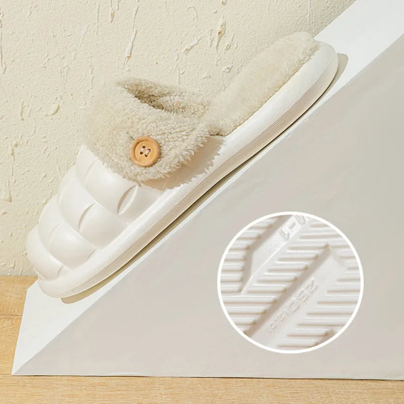 Pink and grey plaid detachable slippers with a soft plush interior and a textured white EVA non-slip sole.