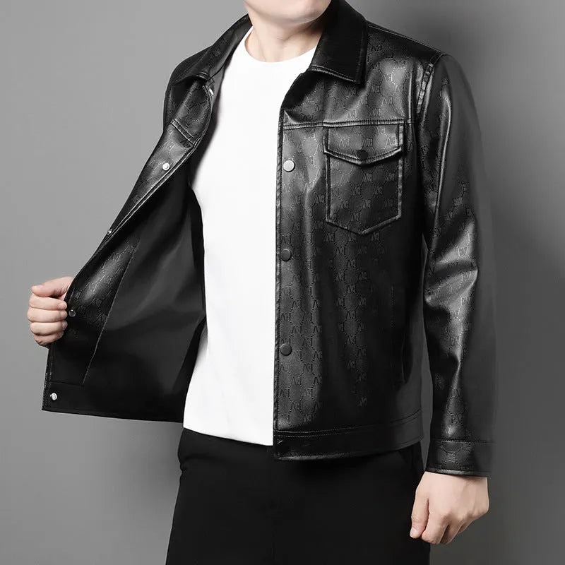 Men's black or light gray printed synthetic leather jacket, slim fit lapel, straight hem, no hood, sizes L to 4XL
