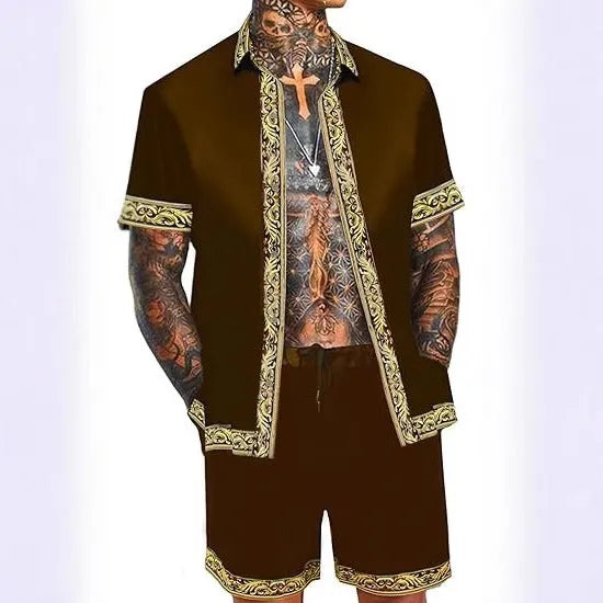 Men's casual loose short sleeve shirt and shorts set in Hawaiian suit style, polyester, eight styles, sizes S to 4XL