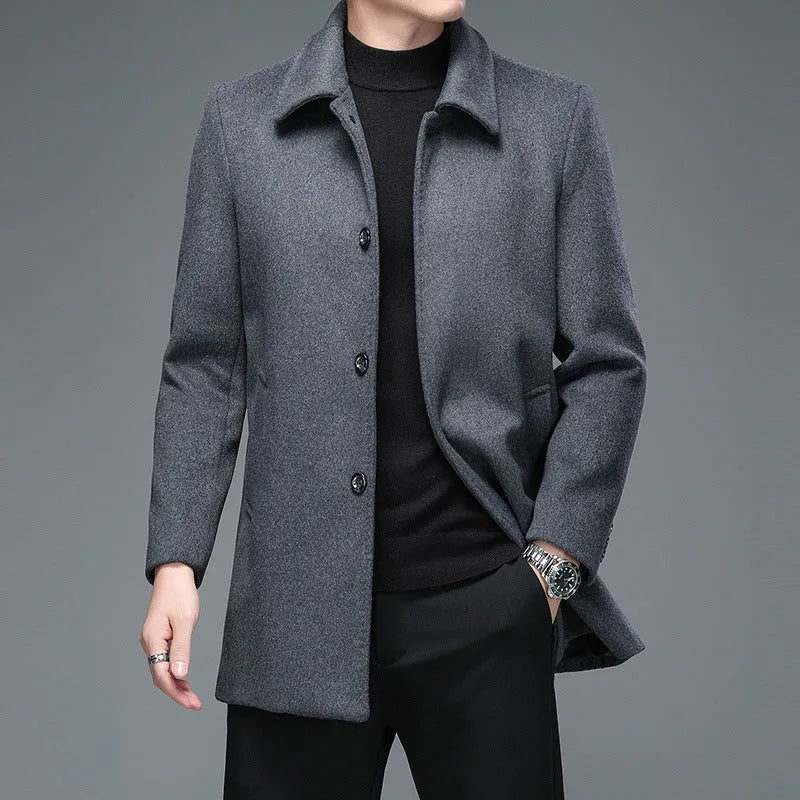 Mid-length Korean style trench coat with lapel collar and long sleeves in dark blue wool blend