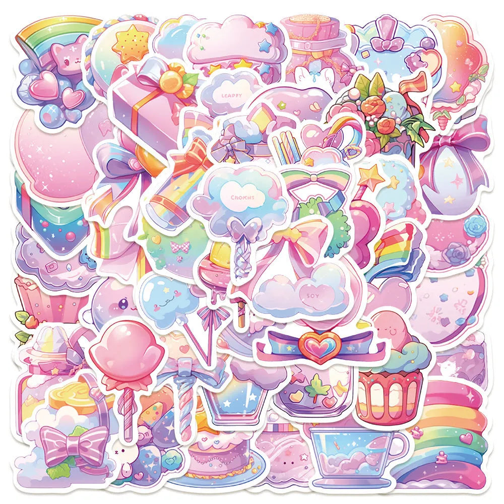 Pack of 50 cute candy-themed waterproof decorative stickers, sizes 4-7 cm.