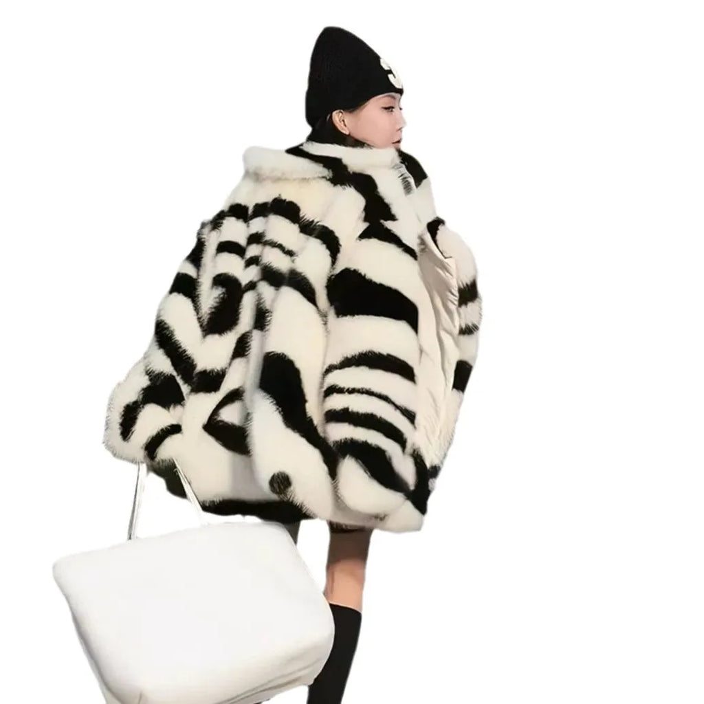 Women's zebra stripe faux fur long sleeve top with oversized collar