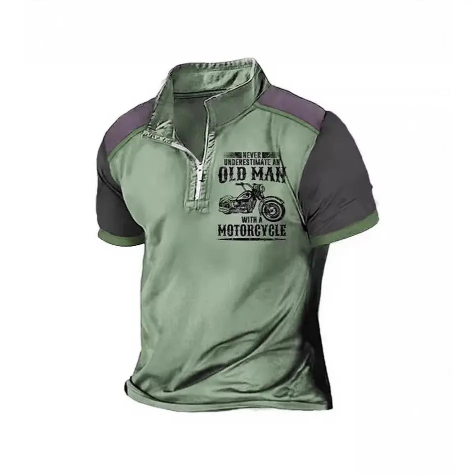 Men's casual polo shirt with lapel collar, digital printed letters, and zipper decoration details.