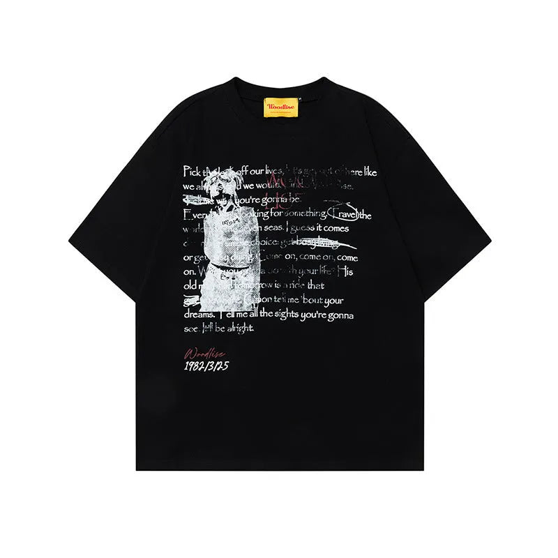 Men's black hip hop style loose fit t-shirt with printed letter design on pure cotton fabric
