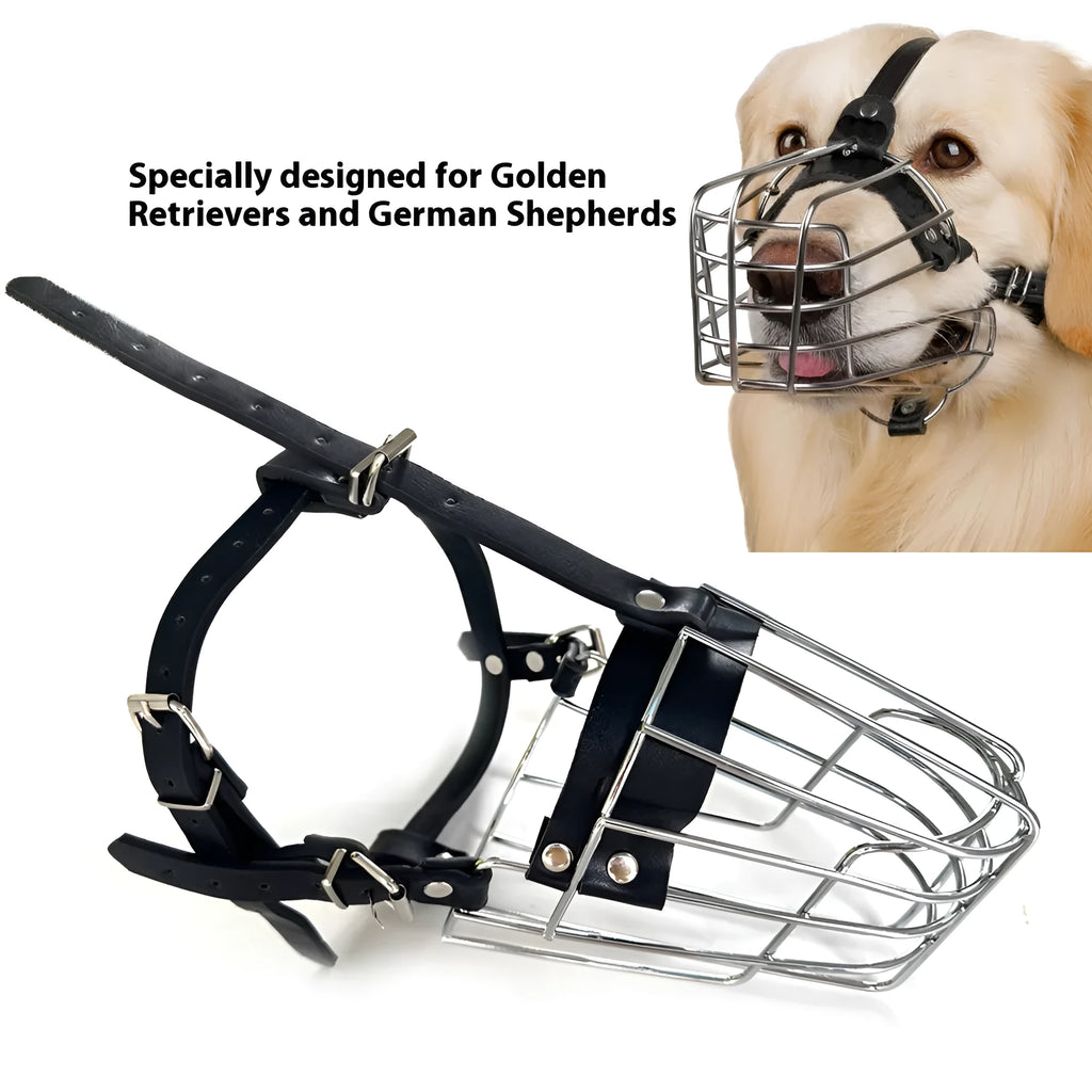 Black zinc-plated steel wire basket muzzle for large dogs, shown with adjustable nylon straps and metal buckles.