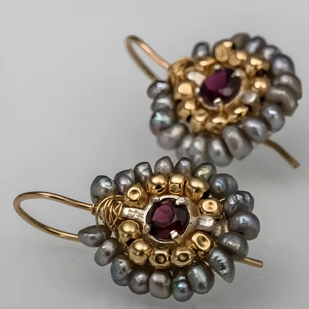 Geometric handmade woven earrings in gold copper with micro inlay petals retro style