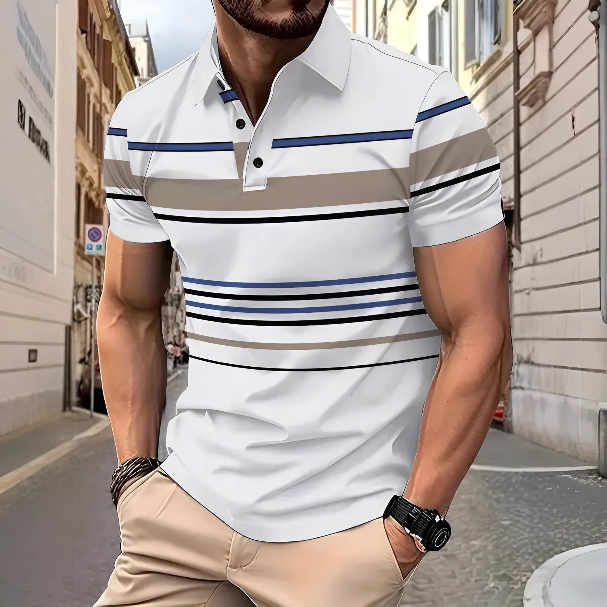 Men's white striped polyester t-shirt with short sleeves and loose slim fit for summer casual wear