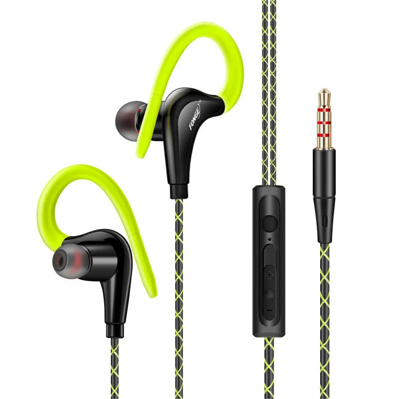 Wired ear-mounted sports headphones with microphone, 3.5mm plug, 1.2m TPE cable, Black White Green