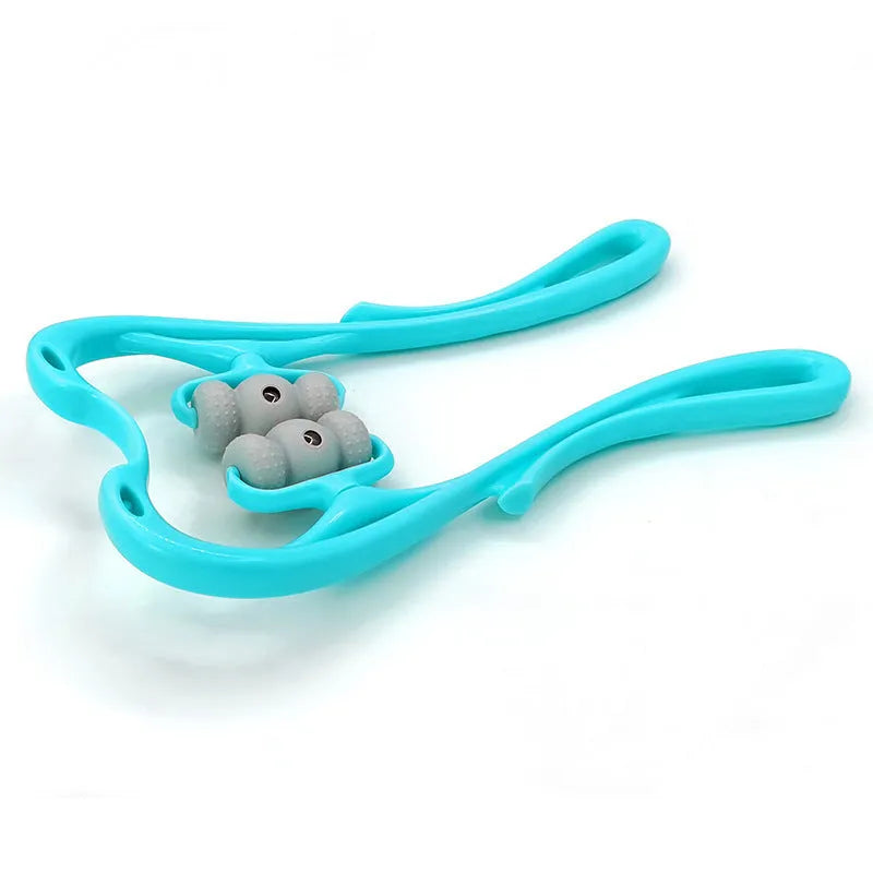 Blue handheld neck massager roller with pressure points on a grey background