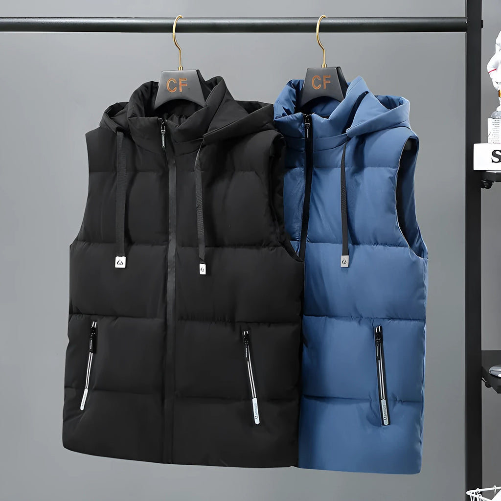 Men's solid colour thickened vest with a removable cap, shown in black and blue colour options.