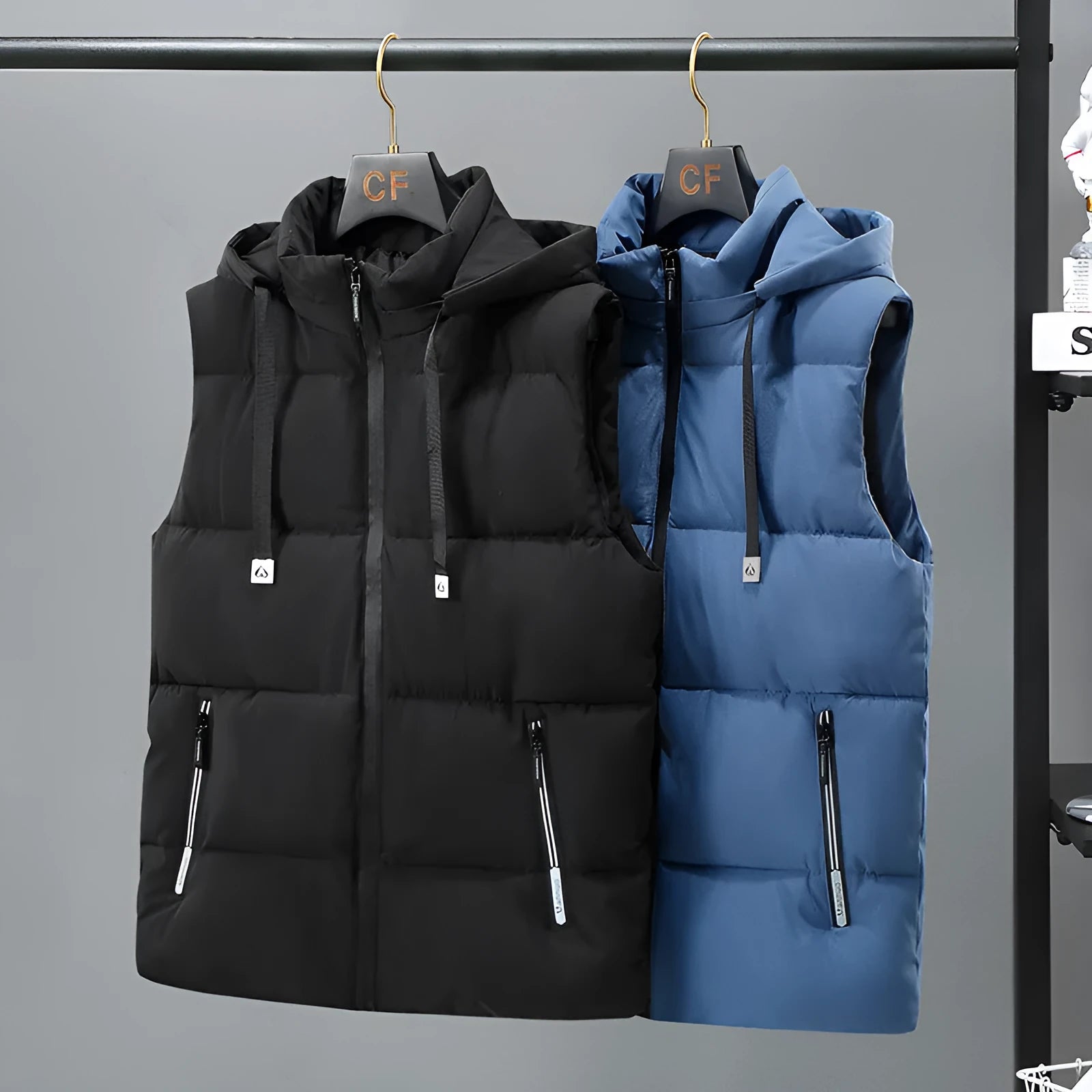 Men's solid colour thickened vest with a removable cap, shown in black and blue colour options.
