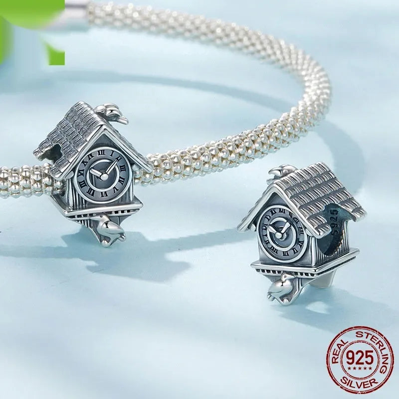 925 silver cuckoo clock bead with pearlescent finish, 1.2cm by 0.9cm, 0.45cm aperture, retro DIY charm
