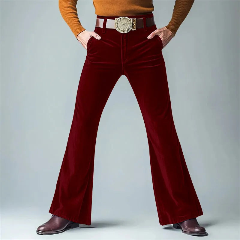 Men's gold velvet slim flared suit trousers in dark red colour