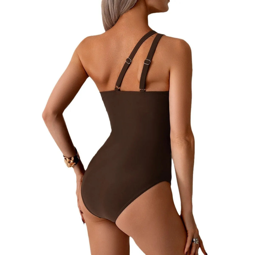 Women's one-shoulder one-piece swimsuit in nylon, sleeveless, available in six colours and sizes S to 2XL