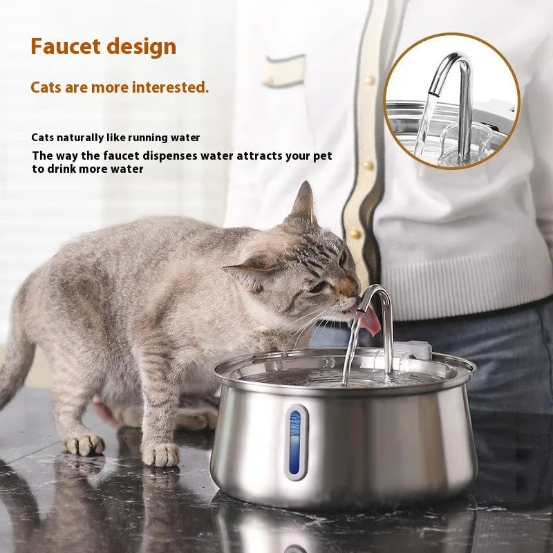 4L stainless steel pet water dispenser with window, double outlet and USB pump for dogs and cats