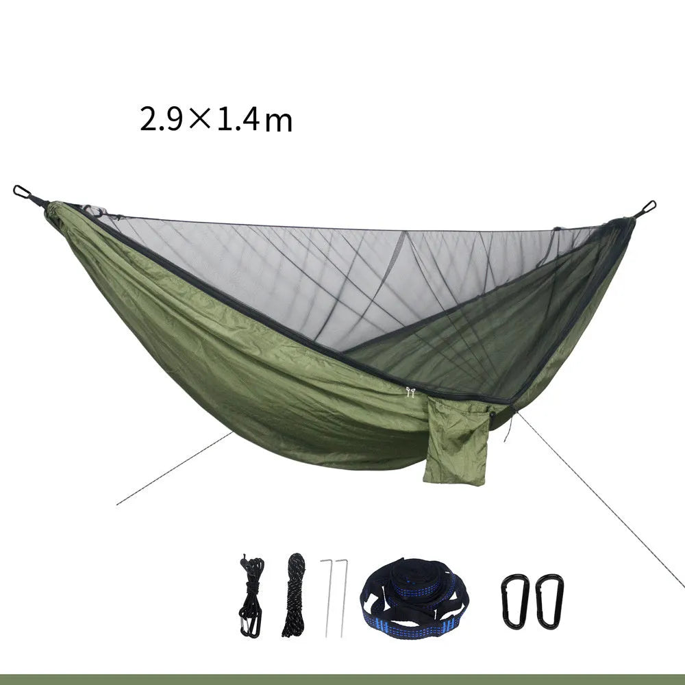 Anti-mosquito outdoor camping hammock nylon double 290x140cm 200kg capacity ArmyGreen
