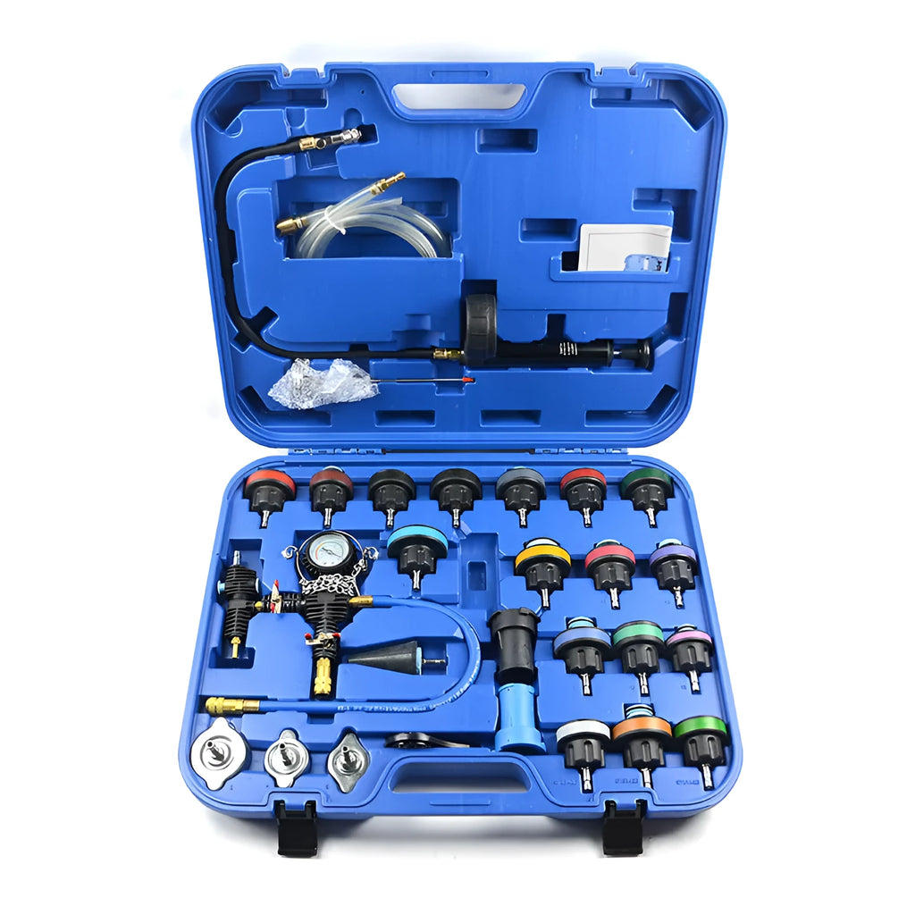 28-piece automotive cooling system diagnostic toolkit with pressure tester and vacuum purge functions