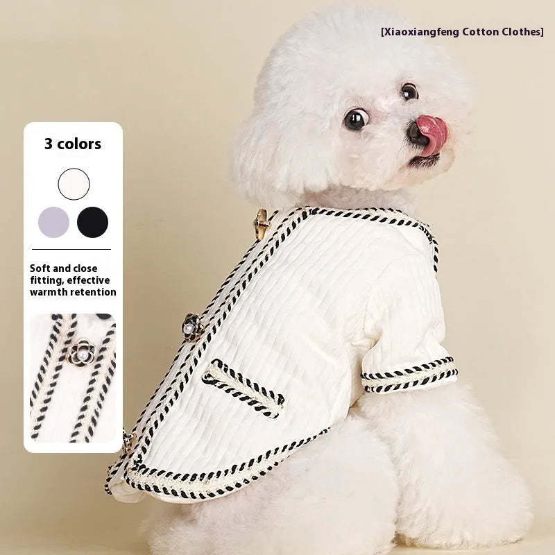 Cartoon print quilted dog coat in light purple colour for winter warmth