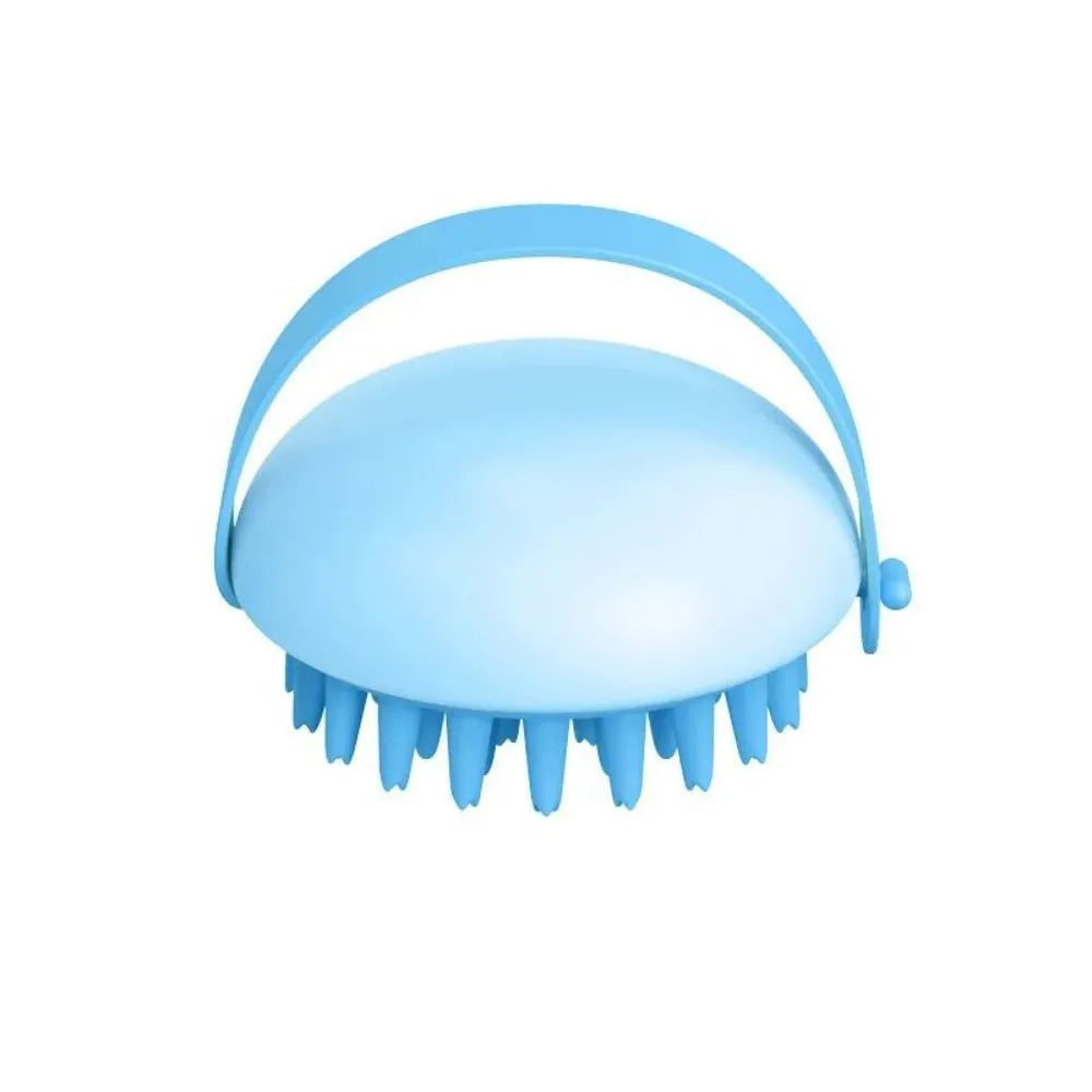 Silicone pet bathing brush with plastic handle in blue, pink, white, and yellow colour options