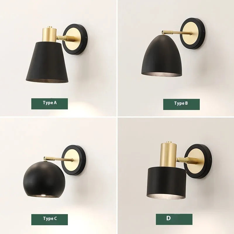 Nordic-style iron wall lamp mounted on a wall beside a bed.