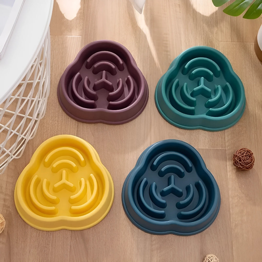 Plastic pet slow feeding dog bowl in colour option with anti-skid base and anti-choke design