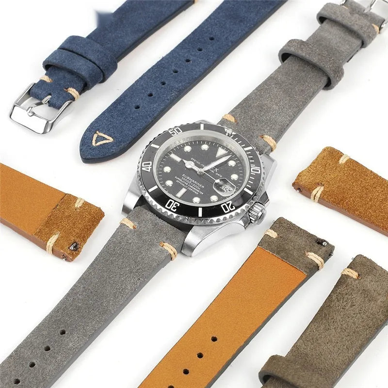 Genuine suede leather watch strap in brown on a small waist, showing texture and buckle.