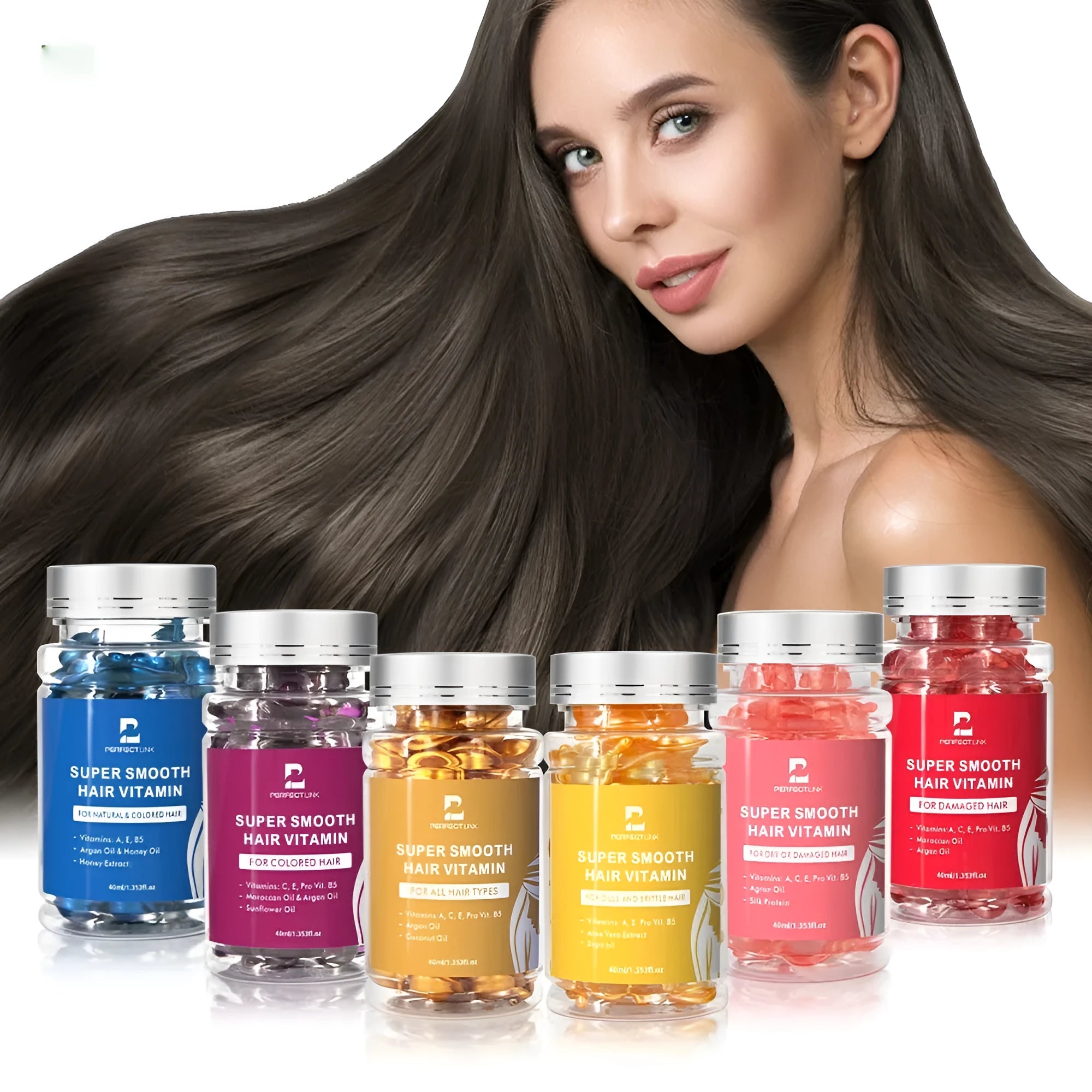 40ml plastic bottle of hair care essential oil in one of six colours: red, purple, gold, blue, yellow, or pink.